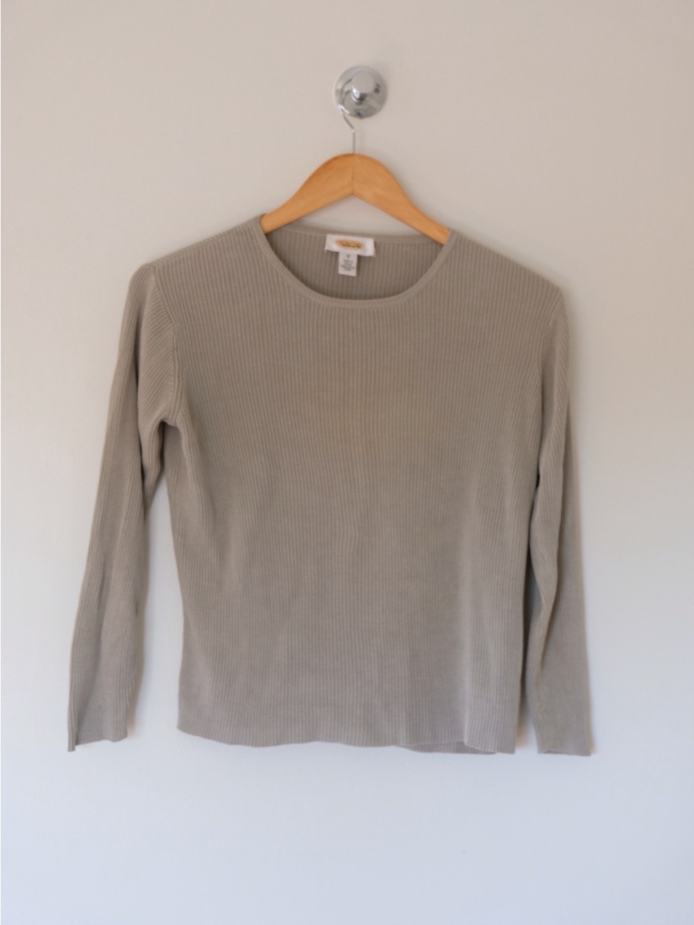 Vintage Talbots 100% Silk Ribbed Creneck Light Grey/Sage Top Size M